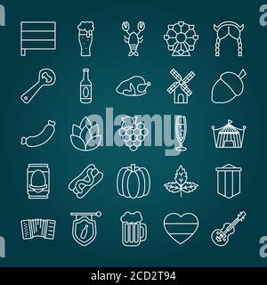 bicchiere di birra e icona oktoberfest su sfondo blu, stile linea, illustrazione vettoriale Illustrazione Vettoriale