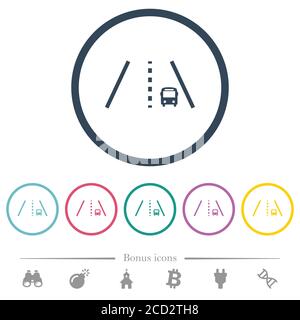 Icone di colore piatto della corsia degli autobus con contorni rotondi. 6 icone bonus incluse. Illustrazione Vettoriale