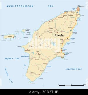 Mappa stradale vettoriale dell'isola mediterranea greca di Rodi Illustrazione Vettoriale