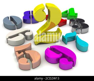 Numero due al centro dei numeri. numeri colorati 3d su sfondo bianco con il numero di due al centro. Illustrazione 3D Foto Stock