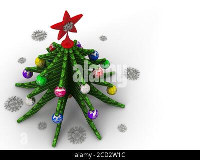 Albero di Natale, giocattoli di Natale e fiocchi di neve su una superficie bianca. Vista dall'alto. Illustrazione 3D Foto Stock