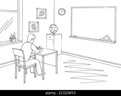 Grafico classe nero bianco scuola interno disegno vettoriale. Ragazzo che scrive in un taccuino alla lezione Illustrazione Vettoriale