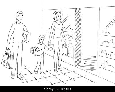 Shopping per famiglie. Gente felice che cammina nel vettore grafico bianco nero di illustrazione dello schizzo del centro commerciale Illustrazione Vettoriale