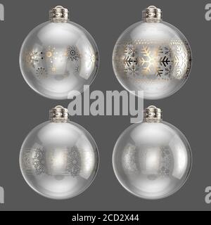 Baubles di Natale in vetro decorato con fiocchi di neve diversi ornati Ripetizioni su uno sfondo bianco isolato - rendering 3D Foto Stock