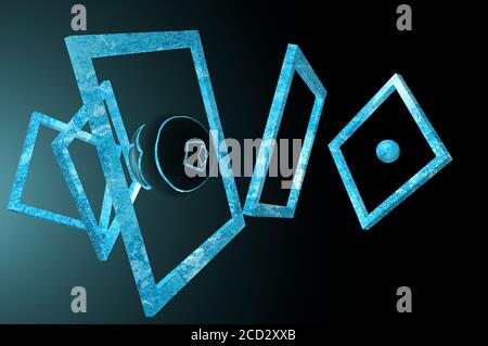 Figure geometriche 3D costituite da cornici e sfere appese in modo caotico in uno spazio buio. Astrattezza e assurdità di ciò che sta accadendo Foto Stock