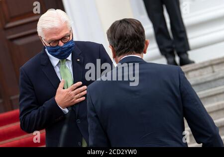 Berlino, Germania. 26 Agosto 2020. Il presidente della Confederazione Frank-Walter Steinmeier (l) dà il benvenuto a Borut Pahor, presidente sloveno, per una discussione di fronte al Palazzo Bellevue. Credit: Bernd von Jutrczenka/dpa/Alamy Live News Foto Stock