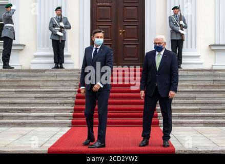 Berlino, Germania. 26 Agosto 2020. Il presidente della Confederazione Frank-Walter Steinmeier (r) dà il benvenuto a Borut Pahor, presidente sloveno, per una discussione davanti al castello di Bellevue. Credit: Bernd von Jutrczenka/dpa/Alamy Live News Foto Stock