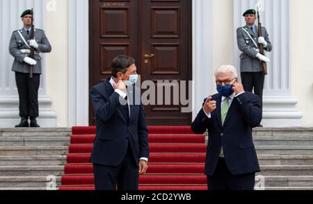 Berlino, Germania. 26 Agosto 2020. Il presidente della Confederazione Frank-Walter Steinmeier (r) dà il benvenuto a Borut Pahor, presidente sloveno, per una discussione davanti al castello di Bellevue. Credit: Bernd von Jutrczenka/dpa/Alamy Live News Foto Stock