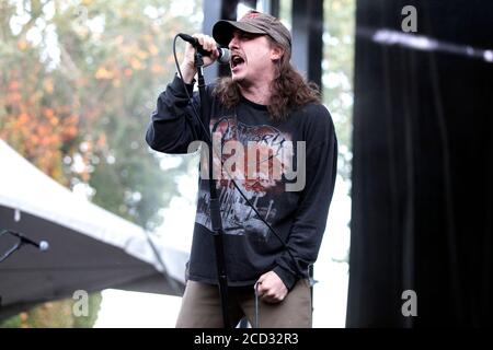 Riely Gale of Power Trip si esibisce al Festival di Aftershock il 22 ottobre 2017 al Discovery Park di Sacramento, California. Foto Stock