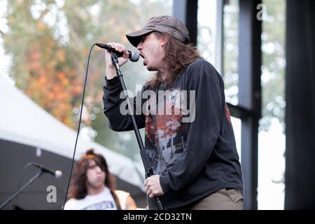 Riely Gale of Power Trip si esibisce al Festival di Aftershock il 22 ottobre 2017 al Discovery Park di Sacramento, California. Foto Stock