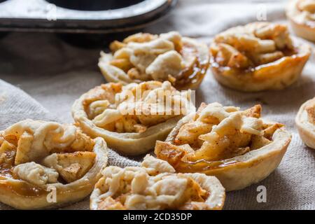 Torte di mele con cannella e decorazione dell'impasto - mela tart-lets primo piano con la messa a fuoco selettiva Foto Stock