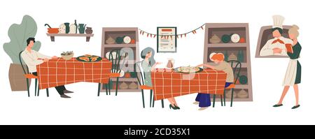 Ristorante italiano e cucina tradizionale, persone che mangiano e bevono Illustrazione Vettoriale