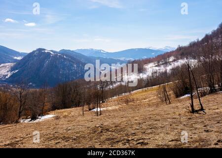 campagna montagnosa in primavera. erba secca e alberi senza foglie sulla collina. neve nella valle lontana e cresta Foto Stock
