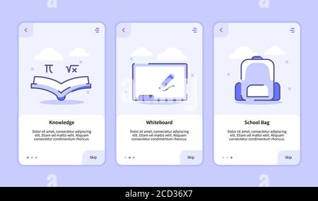 Schermata di onboarding della borsa scolastica per le app mobili Interfaccia utente della pagina di intestazione con tre varianti stile moderno a struttura piatta Illustrazione Vettoriale