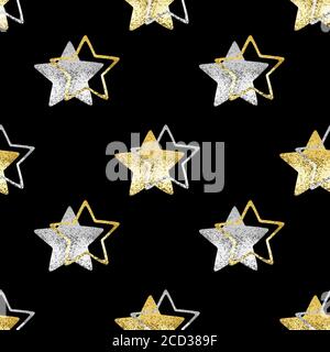 Senza cuciture motivo oro & argento stelle nero sfondo isolato, decorativo stelle lucide ripetizione ornamento, luminoso scintillante Сhristmas decorazione stellata Foto Stock