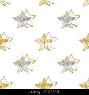 Senza cuciture motivo oro e argento stelle bianco sfondo isolato, decorativo stelle lucide ripetizione ornamento, luminoso scintillante Сhristmas decorazione stellata Foto Stock