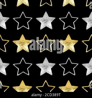 Senza cuciture motivo oro & argento stelle nero sfondo isolato, decorativo stelle lucide ripetizione ornamento, luminoso scintillante Сhristmas decorazione stellata Foto Stock
