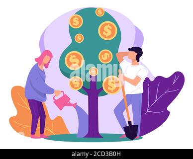 Gente che cresce albero con monete d'oro, risparmiando soldi Illustrazione Vettoriale