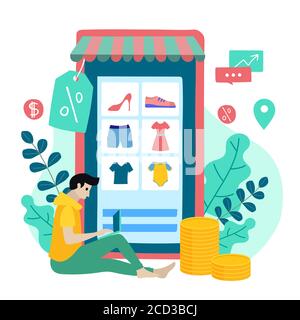 Shopping Online su Web site o Mobile Application Vector Concept Marketing e Digital Marketing. Illustrazione Vettoriale