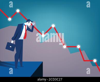 Uomo d'affari che guarda il diagramma di caduta. Crisi economica e finanziaria. Illustrazione aziendale concettuale. Piatto vettoriale Illustrazione Vettoriale