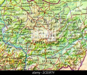 Mappa geografica della Nigeria con città importanti Foto Stock