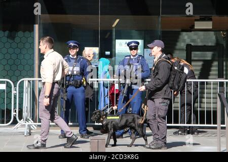 Christchurch, Nuova Zelanda. 26 Agosto 2020. Rilevamento di esplosivi cane gestore e polizia armata guardia l'ingresso alla Christchurch High Court.A quattro giorni di audizione è in corso per la condanna di Brenton Tarrant, l'uomo che ha ucciso 51 persone a Christchurch Mosques nel marzo 2019. Credit: SOPA Images Limited/Alamy Live News Foto Stock