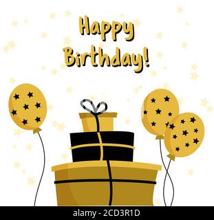 Golden Happy Birthday biglietto di auguri modello. Un mucchio di scatole con regali in nero e oro. Pallone d'oro con stelle. Illustrazione Vettoriale