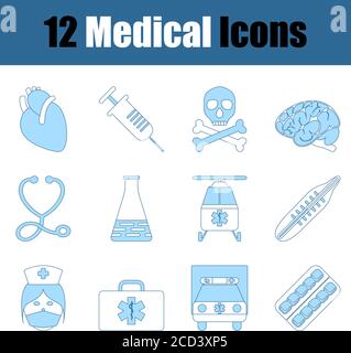 Set di icone mediche. Linea sottile con design di riempimento blu. Illustrazione vettoriale. Illustrazione Vettoriale