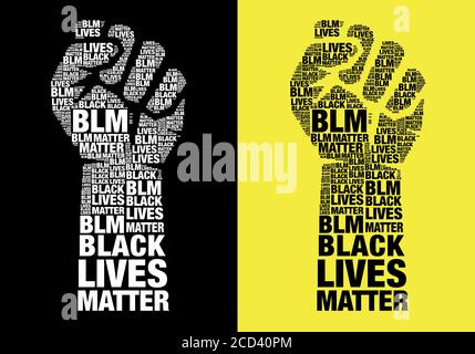Black Lives Matter, lotta pugno con parole, blm, illustrazione vettoriale tipografica Illustrazione Vettoriale