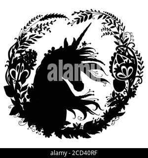 Unicorno vettore con mane lungo in composizione circolare. Immagine del modello di silhouette nera isolata su sfondo bianco. Per stampa, adesivi, design, Illustrazione Vettoriale
