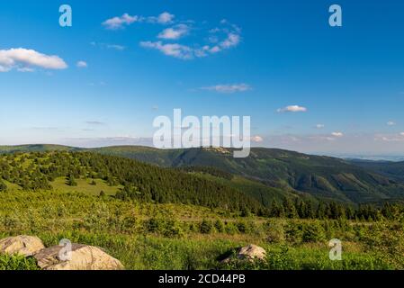 Vresnik, Velky Maj, Jeleni hrbet, Bridligna e Pecny colline dalla collina Dlouhe Strane in Jeseniky montagne nella repubblica Ceca durante l'evento estivo Foto Stock