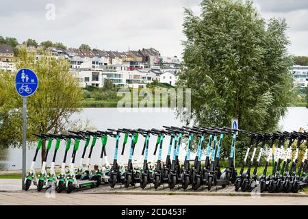 Dortmund, 26.08.2020: Elektroroller, e-Scooter der Verleihfirmen Lime, TIER und Bird parken aufgereiht an einem Abstellplatz am Dortmunder Fenixsee, einem beliebten Ausflugsort der Stadt. --- Dortmund, 26 agosto 2020: Scooter elettrici, scooters e-scooters dalle società di noleggio Lime, Tier e Bird sono parcheggiati in una fila in uno spazio di parcheggio presso il lago Phoenix di Dortmund (Fenixsee), una destinazione di escursione popolare nella città. Foto Stock