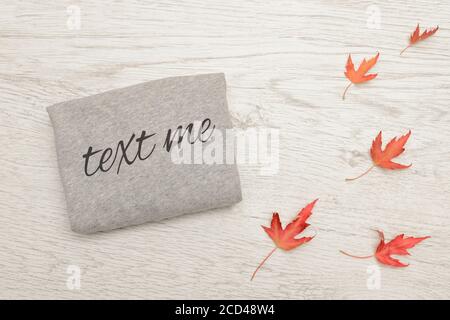 Pullover grigio con iscrizione su sfondo ligneo. Foglie d'autunno Foto Stock