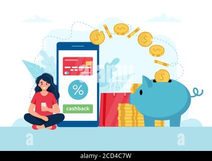 Concetto di cashback - donna con smartphone, il denaro va in un piggybank. Illustrazione in stile piatto Foto Stock