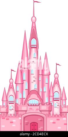 Cartoon castello rosa su sfondo bianco. Torri, mura, cancelli. Illustrazione Vettoriale