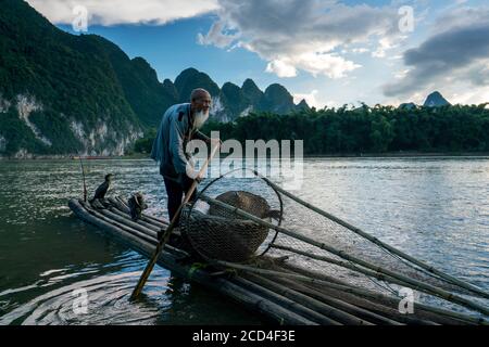 In questa foto non datata, un vecchio pescatore e il suo pesce cormorano su una zattera di bambù sul fiume li, conosciuto anche come li Jiang, Guilin città, il GU della Cina sud-occidentale Foto Stock