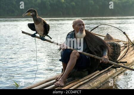 In questa foto non datata, un vecchio pescatore e il suo pesce cormorano su una zattera di bambù sul fiume li, conosciuto anche come li Jiang, Guilin città, il GU della Cina sud-occidentale Foto Stock