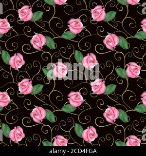 Modello barocco senza cuciture con giravoli dorati e fiori di rosa su sfondo nero. Acquerello mano disegnata rose rosa. Stampa per tessuti, carta da parati, wra Foto Stock