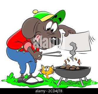 Cane fumetto che fa barbecue e nel giardino illustrazione vettoriale Illustrazione Vettoriale