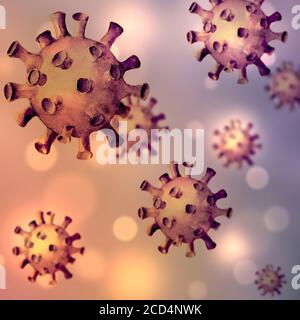 Virus sfondo arancione viola. Cellule di Coronavirus 2019-nCoV disegnate a mano con imitazione 3d. Pericoloso virus della corona respiratoria da Wuhan, Cina. Tempo di stampa Foto Stock