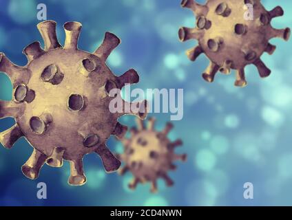 Virus sfondo blu. Cellule di Coronavirus 2019-nCoV disegnate a mano con imitazione 3d. Pericoloso virus della corona respiratoria da Wuhan, Cina. Modello di stampa per b Foto Stock