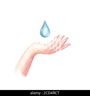 Acquerello bella mano della donna con goccia d'acqua isolata su sfondo bianco. Illustrazione disegnata a mano con acquerello. Natura, ecologia, ambiente prott Foto Stock