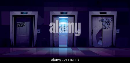 Vecchio corridoio sporco con porte dell'ascensore aperte e chiuse di notte. Immagine vettoriale su cartoni animati di una lobby vuota e scura con ascensori rotti e graffiti sulla parete. Interno della sala disordinato in casa nella zona del ghetto Illustrazione Vettoriale