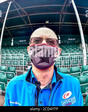 Londra, Regno Unito. 26 Agosto 2020. Un accogliente pioniere di Saracens prima della partita di rugby della Gallagher Premiership tra Saracens e Gloucester all'Allianz Park, Londra, Inghilterra, il 26 agosto 2020. Foto di Phil Hutchinson. Solo per uso editoriale, è richiesta una licenza per uso commerciale. Nessun utilizzo nelle scommesse, nei giochi o nelle pubblicazioni di un singolo club/campionato/giocatore. Credit: UK Sports Pics Ltd/Alamy Live News Foto Stock