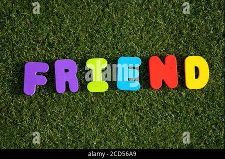 La lettera maiuscola 'Friend' parola da colorato di legno su sfondo erba. Foto Stock