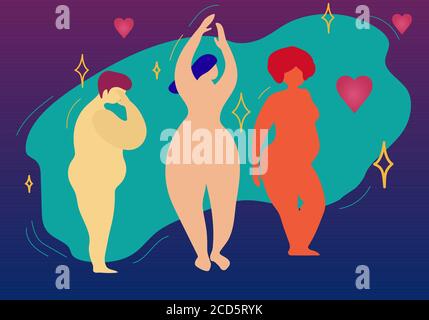 Donne multirazziali di diversa altezza, tipo di figura e dimensione in piedi in fila. Movimento positivo del corpo e diversità di bellezza. Illustrazione vettoriale. Illustrazione Vettoriale