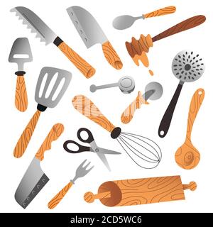 Collezione di utensili da cucina, illustrazioni vettoriali isolate, posate, rasatori e coltelli, utensili e utensili per la preparazione di alimenti, disegnati a mano Illustrazione Vettoriale