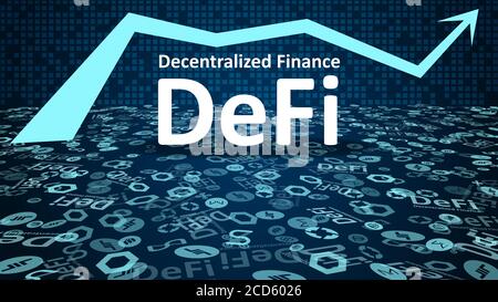 Defi - finanziamenti decentralizzati con logo altcoin e simbolo freccia su su sfondo blu scuro. Segni dei maggiori progetti nel settore dei defi. Vignet Foto Stock
