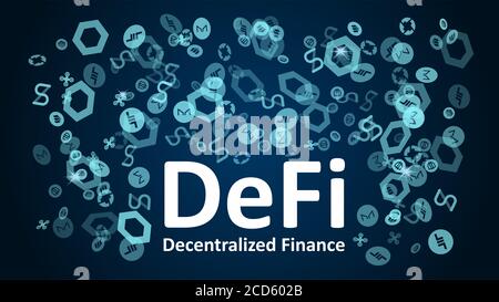 Defi - finanziamenti decentralizzati con loghi altcoin su sfondo blu scuro. Segni dei maggiori progetti nel settore dei defi. Vignettatura. Vettore 10. Foto Stock