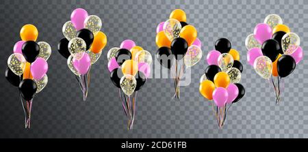 Palloncini di celebrazione realistici. Festa di compleanno di elio o decorazione di nozze, mazzo di palloncini colorati, palloncini lucidi 3d serie di illustrazioni vettoriali Illustrazione Vettoriale
